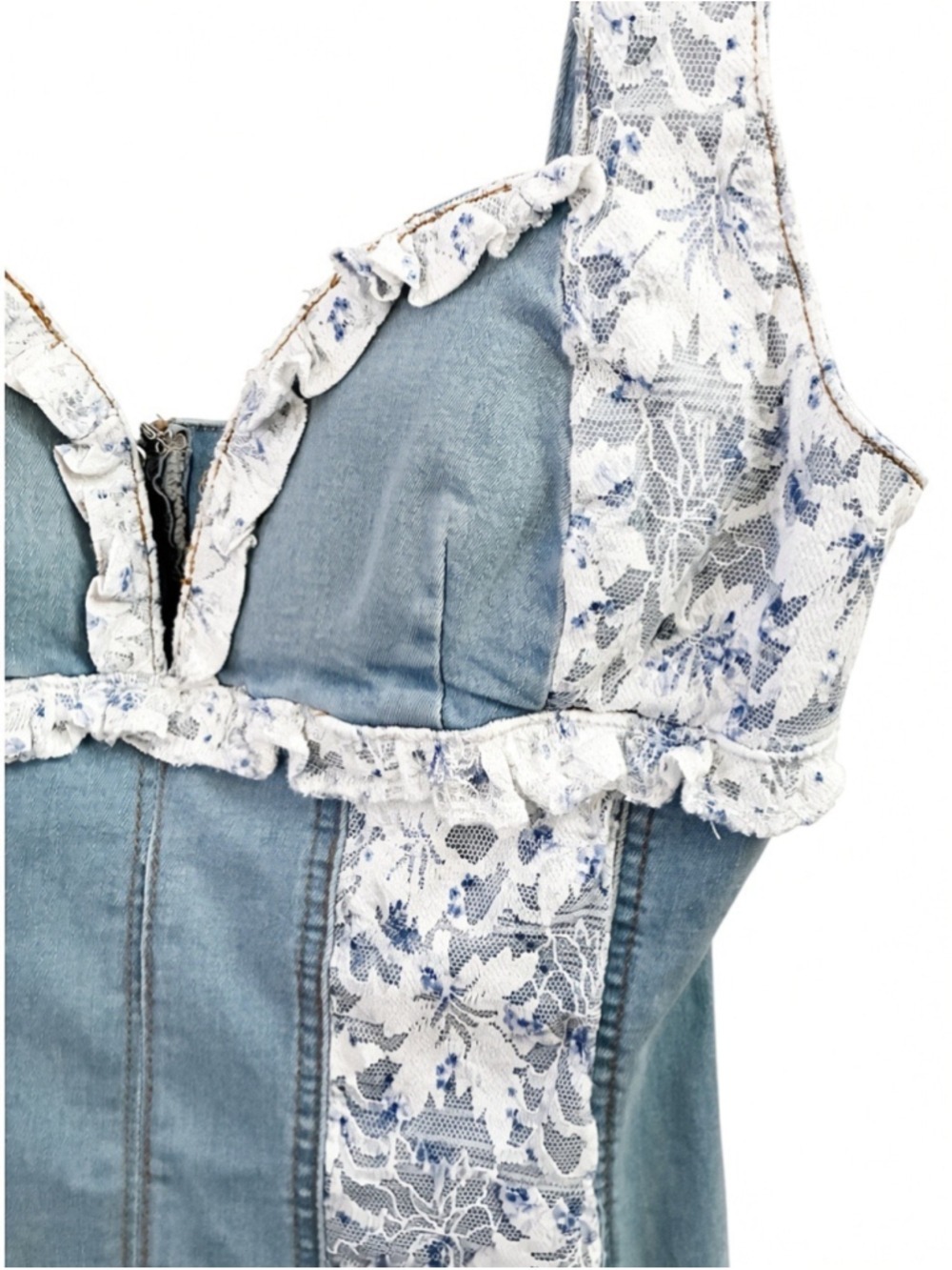 The Vintage Shop Blue Stretch Denim Lace Trim Ruffle Mini Dress Sweetheart L - Picture 9 of 14